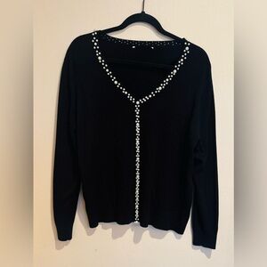 Black V-neck Sweater with Pearl Accents